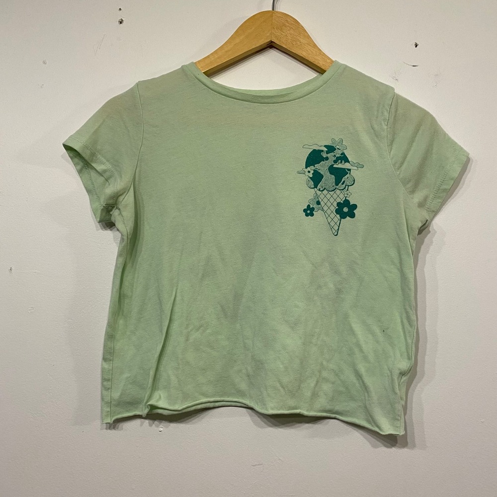 Old Navy Keep It Cool Earth Ice Cream Graphic Tee Sage Green Raw Hem Small